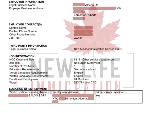Giấy LMIA xác nhận việc làm của chị Trang tại tiệm nail ở Edmonton, Alberta – bước quan trọng trong quá trình xin Work Permit định cư Canada diện lao động tay nghề cao