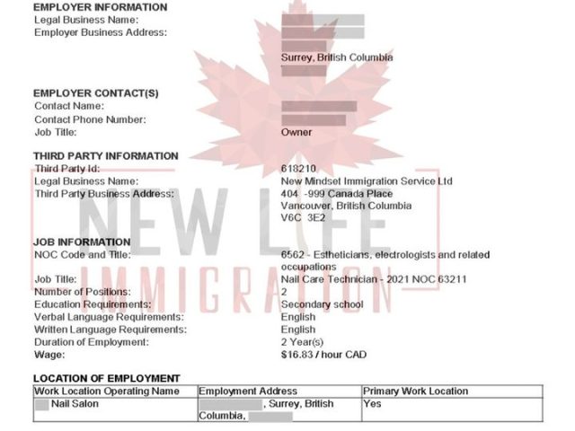 LMIA xác nhận việc làm vị trí thợ nail tại British Columbia Canada