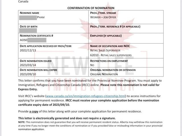 Thư xác nhận đề cử tỉnh bang Alberta (AAIP) cho vị trí Retail Sales Supervisor, cấp cho ứng viên tại Alberta, Canada