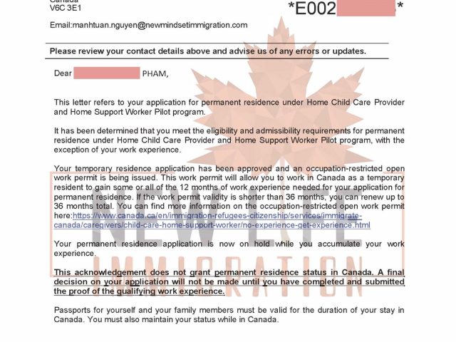 Thư IRCC xác nhận gia đình chị Loan đạt điều kiện nhận PR condition theo chương trình định cư Canada – Care Giver – kèm theo Work Permit được cấp