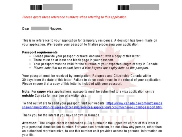 Thư yêu cầu nộp hộ chiếu để hoàn tất hồ sơ xin visa du lịch Canada do IRCC cấp ngày 27/09/2023