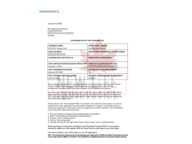 Thư đề cử định cư Canada diện RNIP Saskatchewan cấp cho anh Vinh – khách hàng của New Life Immigration