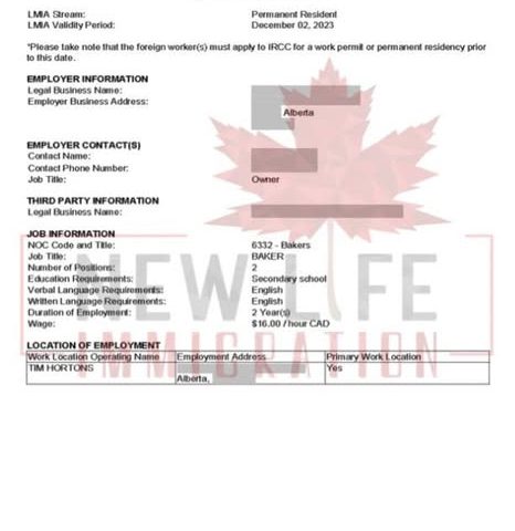 LMIA vị trí thợ bánh làm việc tại chuỗi cửa hàng Tim Hortons – tỉnh bang Alberta – định cư Canada diện lao động – hồ sơ được hỗ trợ bởi New Life Immigration. 1