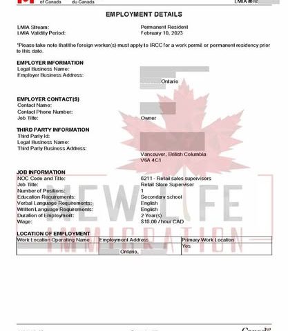 Thư LMIA được phê duyệt chính thức cho khách hàng Ngọc Sương – vị trí Retail Sale Supervisor tại Ontario, Canada – Hồ sơ thực hiện bởi New Life Immigration.
