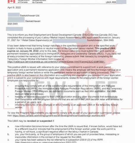 Hình ảnh thư chúc mừng khách hàng nhận được LMIA cho vị trí Retail Sale Supervisor tại tỉnh bang Saskatchewan – New Life Immigration hỗ trợ hồ sơ. 1