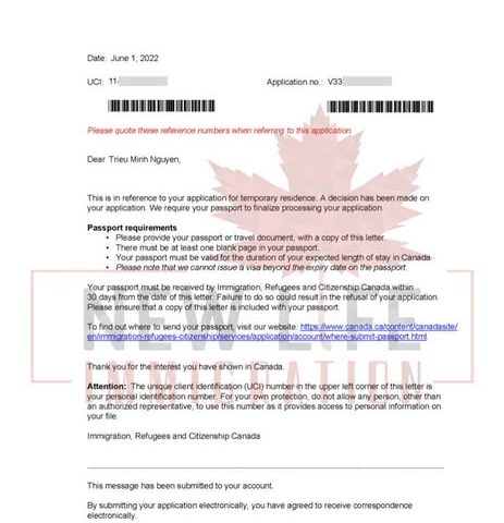 Thư yêu cầu nộp hộ chiếu (Passport Request) từ cơ quan Di trú Canada – Xác nhận hồ sơ định cư diện tạm trú của gia đình đã được chấp thuận – hỗ trợ bởi New Life Immigration. 1