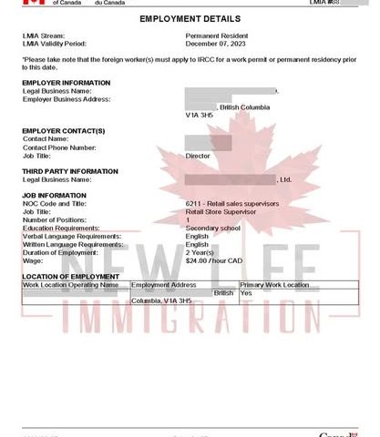 LMIA vị trí Retail Sale Supervisor tại tỉnh bang British Columbia – hỗ trợ xin work permit và định cư Canada – được cấp bởi chính phủ Canada, hỗ trợ bởi New Life Immigration. 1