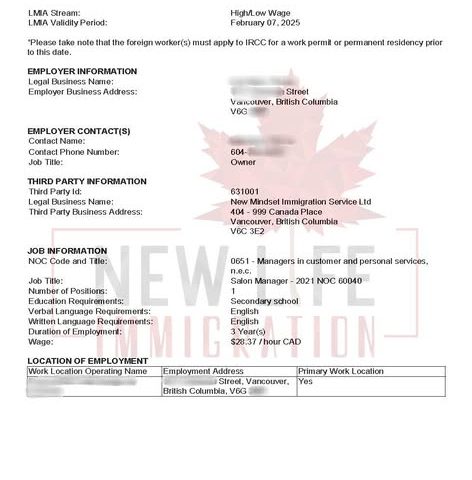 Thư xác nhận việc làm (Employment Details) vị trí Salon Manager tại Vancouver – thuộc hồ sơ LMIA định cư Canada do New Life Immigration hỗ trợ