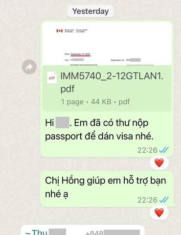 Tin nhắn xác nhận khách hàng nhận thư mời dán visa Canada – chương trình định cư diện lao động do New Life Immigration hỗ trợ 5