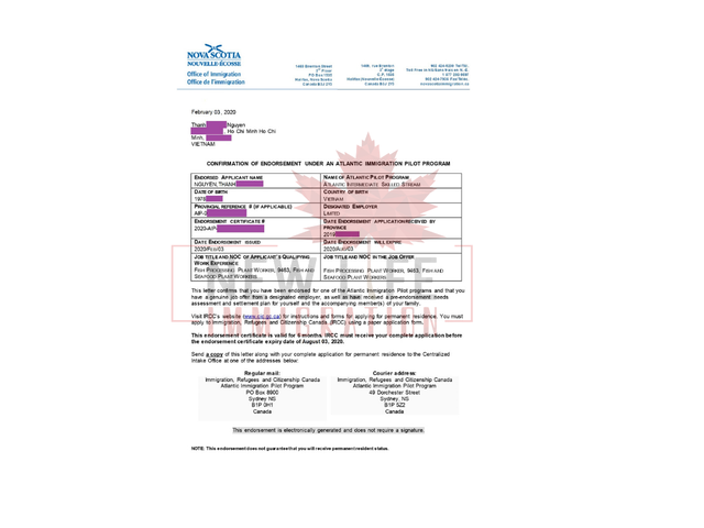 Thư xác nhận tài trợ chương trình AIPP từ tỉnh bang Nova Scotia – bằng chứng định cư hợp lệ cho người lao động tay nghề cao tại Canada – minh họa hồ sơ thật giúp tăng độ tin cậy cho khách hàng đang tìm hiểu định cư diện bảo lãnh từ doanh nghiệp.